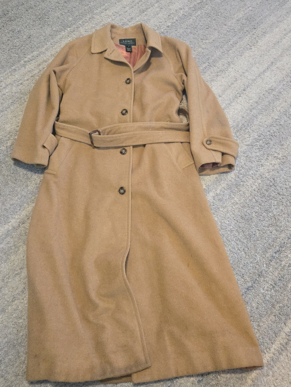 VTG Lauren Ralph Lauren 100% Camel Hair Trench Coat Tan Belted Made in USA Sz 8